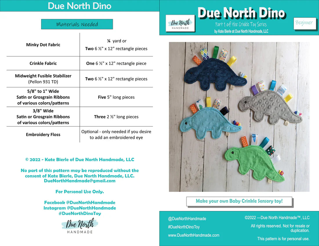 Due North Dino Crinkle Toy Pattern DNH101