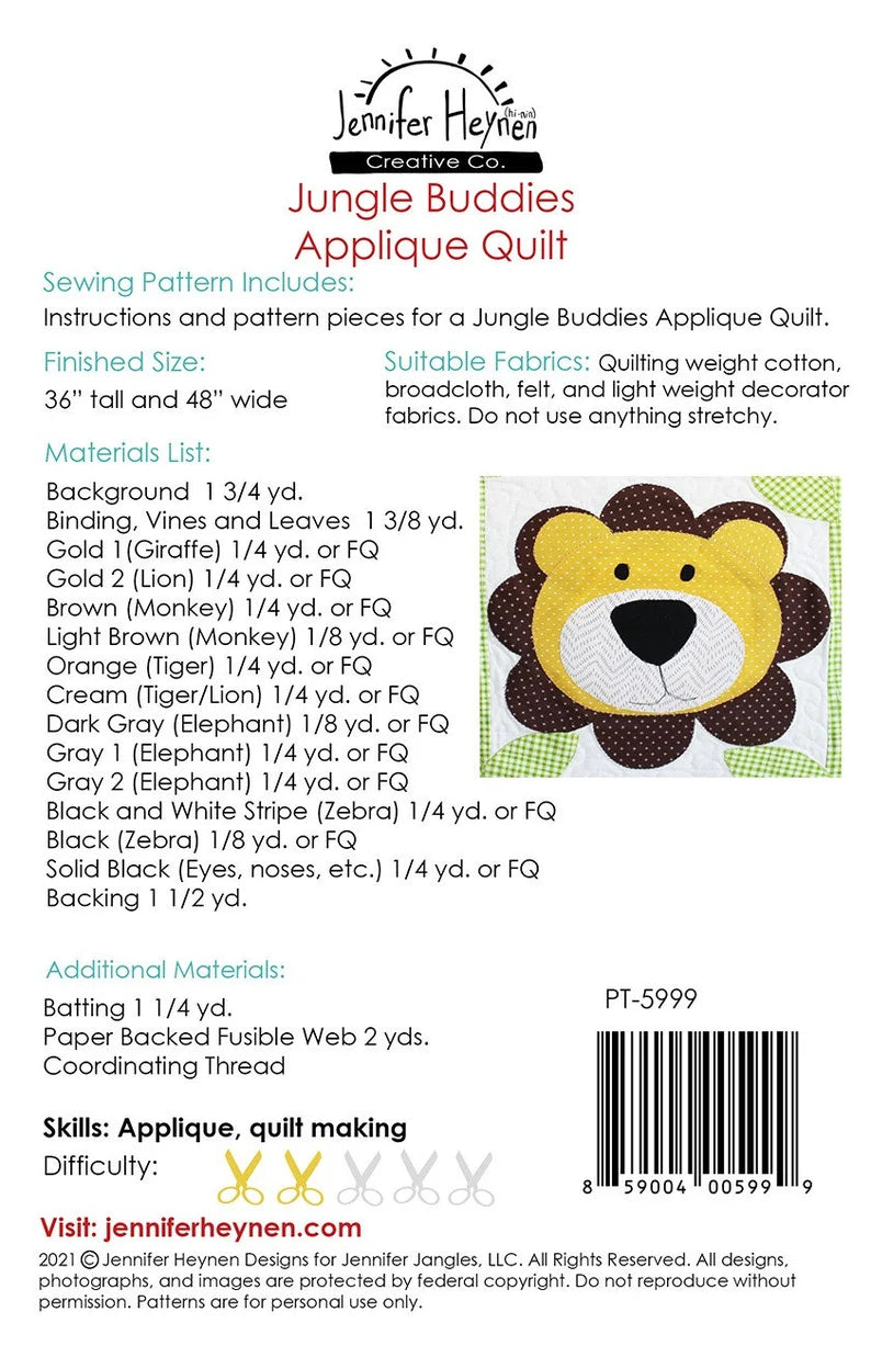 Jungle Buddies Applique Pattern JJPT5999