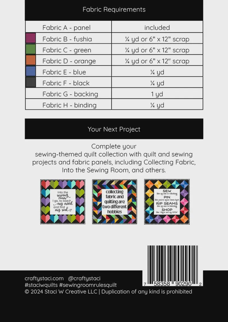 Sewing Room Rules Pattern and Fabric Panel SWQ123