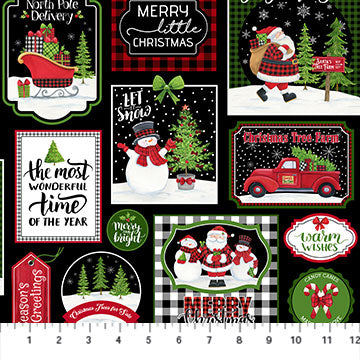 Northcott Santa's Tree Farm Black Block Print 24732-99