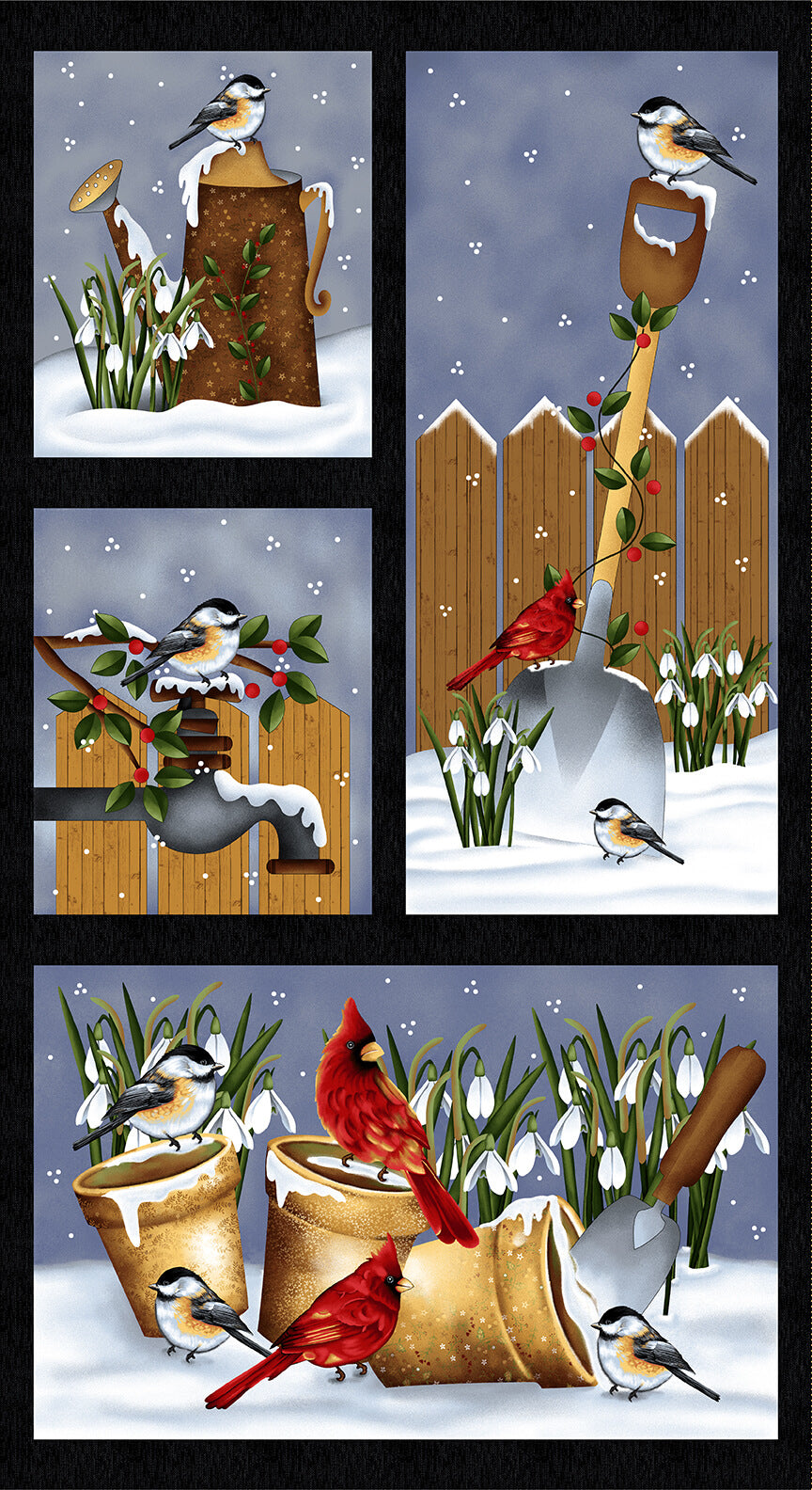Henry Glass Frozen in Time 2709P-99 Black Chickadee Blocks 24 inch Panel