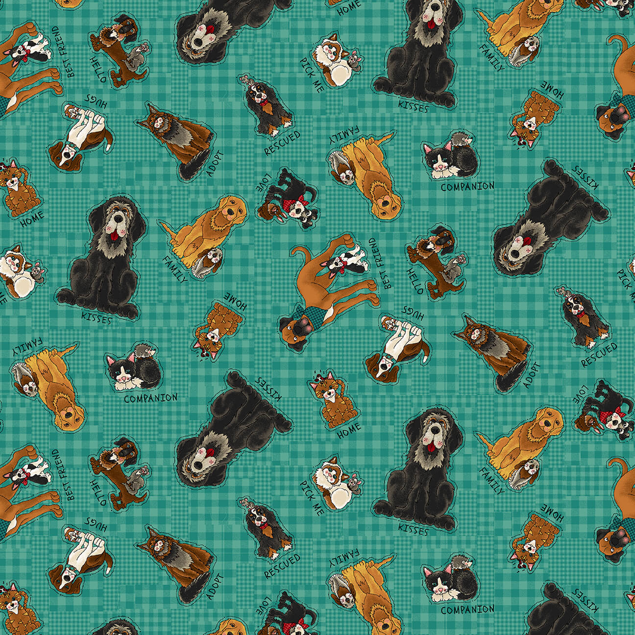 Henry Glass Rescued and Loved Tossed Allover Characters 9391-76 Teal