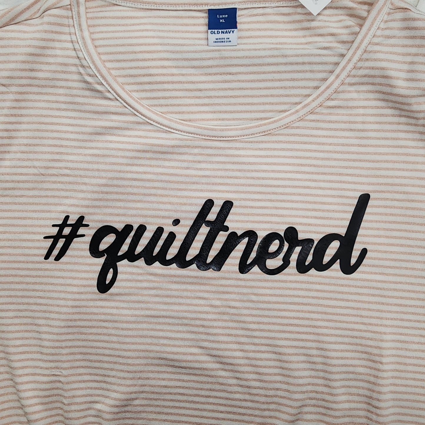 Tshirt, peach striped, #quiltnerd in black letters, crew neck, xl