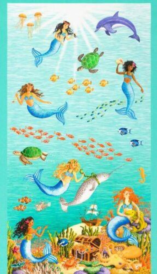Robert Kaufman Once Upon a Mermaid Aqua Panel 21354-70-A1