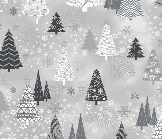 Stof Fabrics It's Snowflake Christmas Trees - GREY/SILVER  4597M-008